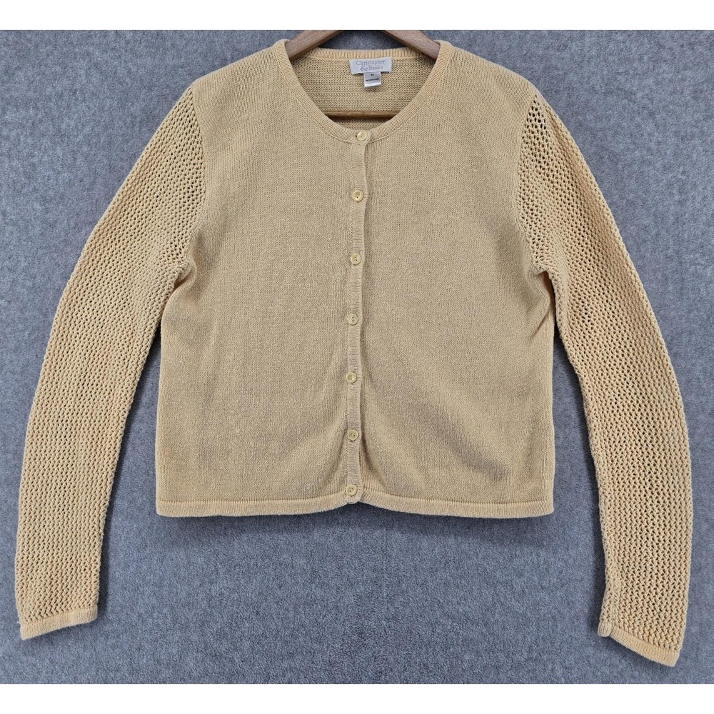 Vtg Christopher & Banks Yellow Cardigan Sz M Button w/ Open Knit Sleeves Cottage